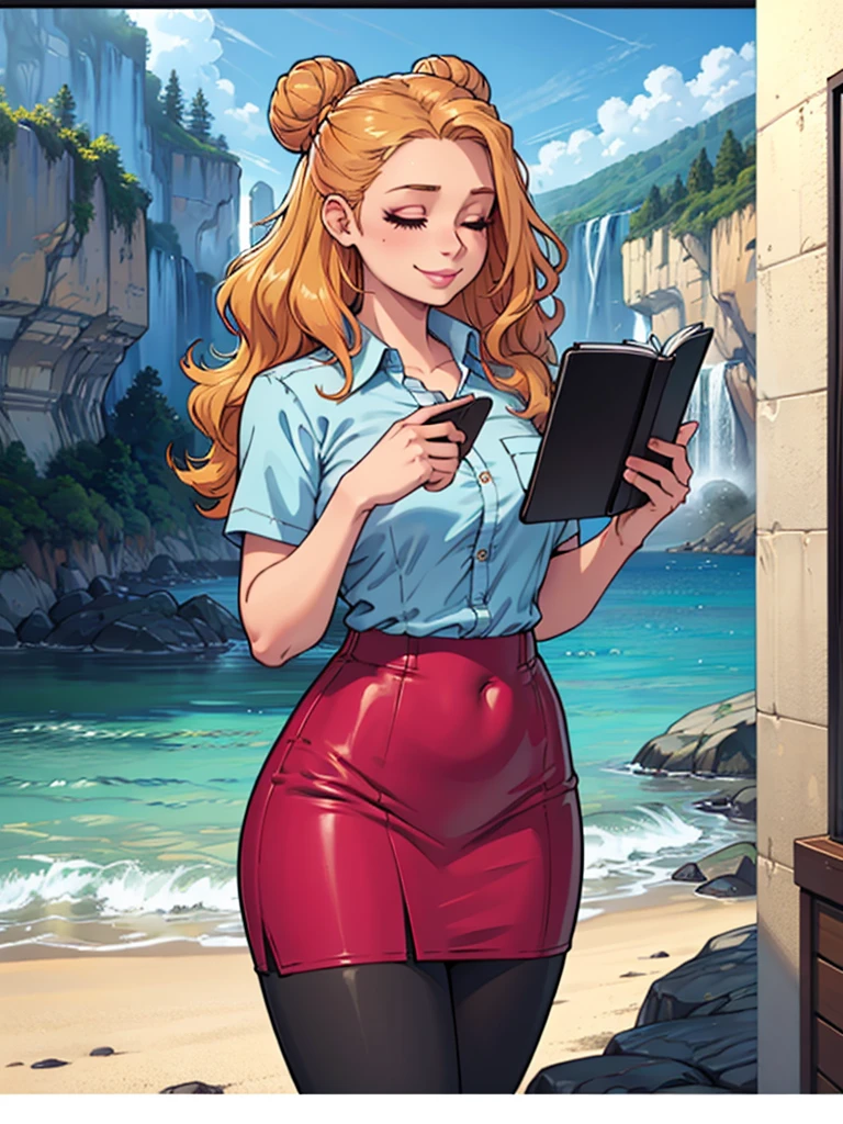 ((art by Kipteitei)), ((Masterpiece, best quality, perfect lighting, amazing shading)), (perfect ???????, realistic proportions), field of depth, extremely beautiful, 1girl, (blond hair), long wavy hair, hair bun, closed eyes, pencil skirt, dress shirt, black tights, cute smile, ((holding pink notebook)), legs together, beach background with cliff and waterfall, detailed background, (cowboy shot),