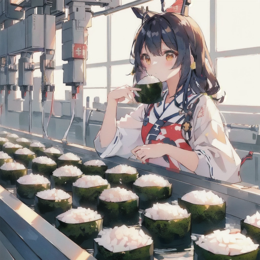 anime girl At the factory with rice and sushi rolls, Kantai Collection Style, praise girl, praise art, At the factory, Casciato, praise, Beautiful and detailed anime art, From the Azur Lane video game, Anime Food, Cute girl anime visuals, praise technology, Pixiv, Gwaiz, Rorish, Zerochan Art
