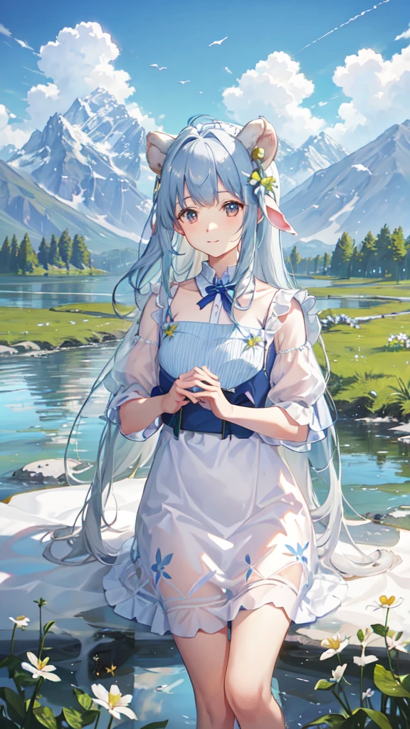 summer, Pasture, Some small flowers, Clear lake, sheep, heaven, Big Clouds, blue sky, Hot Weather, HD detailed, Super detailed, Cinematic, Surrealism, Soft Light, Deep focus bokeh, The distant view is of snow-capped mountains, Ray Tracing, and Surrealism. --v6