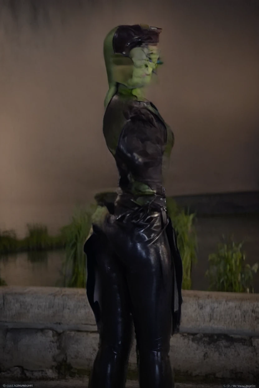 black latex , cinematic film still hera syndulla, (green skin:1.2), grin at canal, full body shot, highly detailed environment . shallow depth of field, vignette, highly detailed, high budget Hollywood movie by baz luhrmann, bokeh, cinemascope, moody, epic, gorgeous, film grain, grainy