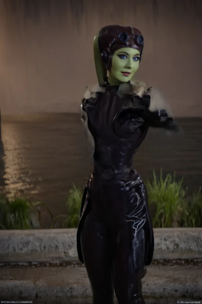 black latex , cinematic film still hera syndulla, (green skin:1.2), grin at canal, full body shot, highly detailed environment . shallow depth of field, vignette, highly detailed, high budget Hollywood movie by baz luhrmann, bokeh, cinemascope, moody, epic, gorgeous, film grain, grainy
