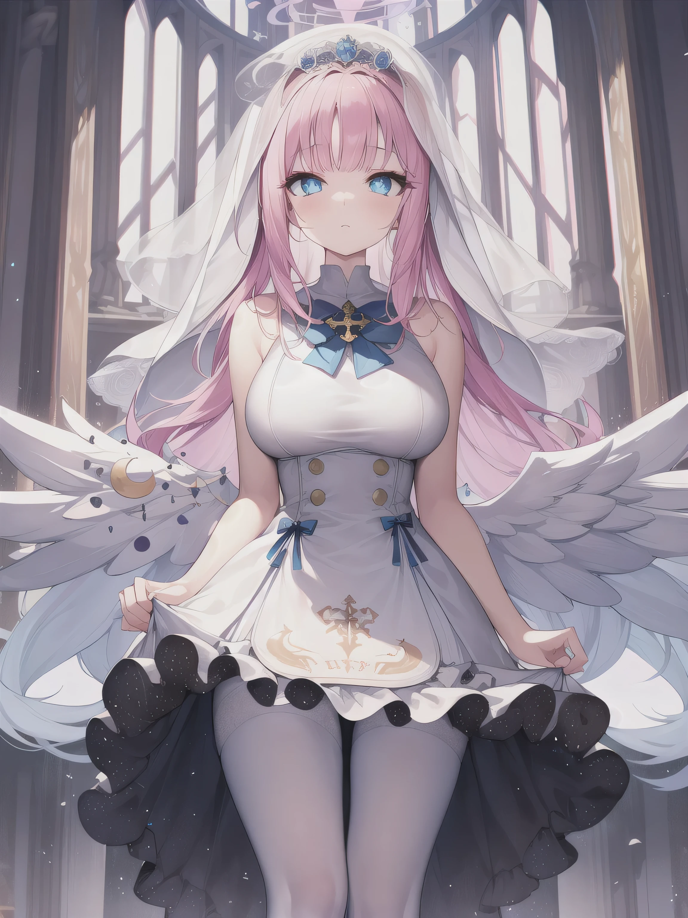 A girl，long hair, Bangs, Pink hair, Hair between the eyes, (Blue Eyes:1.5),  (Large Breasts:1.2), 
rest clavicle, Wedding dress，veil，wedding，White dress，Flowers，Broken skirt，White socks，Tights，White knee socks，
looking at viewer, whole body,
indoors, church，Standing，Standing，
rest (masterpiece:1.2), best quality, high resolution, Unity 8k Wallpaper, (illustration:0.8), (Beautiful and delicate eyes:1.6), Extremely detailed face, Perfect lighting, Extremely detailed CG, (Perfect hands, Perfect anatomical structure),