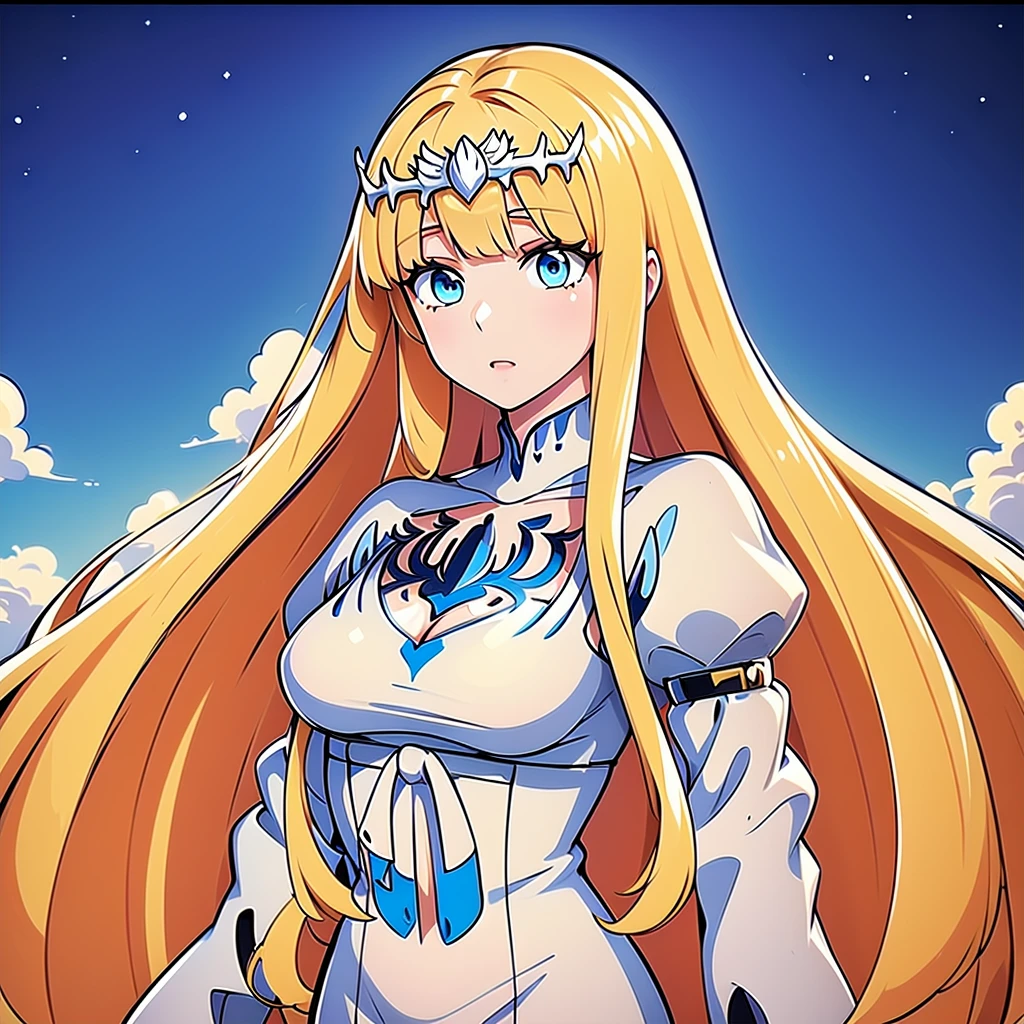 (Masterpiece, best quality), 1girl, solo, Calca, Calca Bessarez, blonde hair, (extremely long hair:1.3), very long hair, white tiara, white dress, blue eyes, medium chest, long straight hair, mature female, 25 years old,