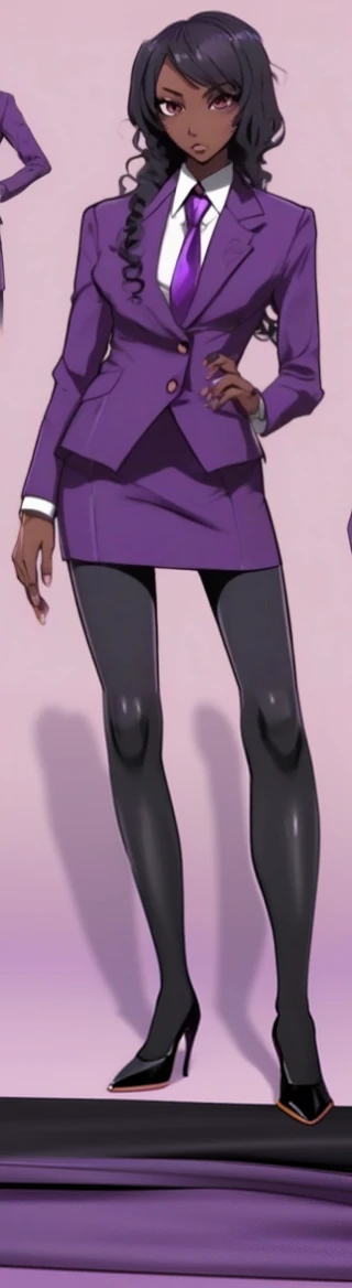 Black anime business woman in a purple skirt suit with black stockings 