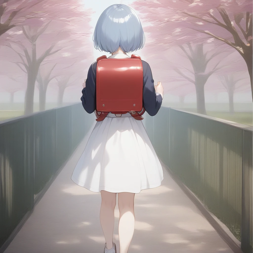 score_9, score_8_superior, score_7_superior, score_6_superior, Source Anime, One girl, Haibara, walking, school blazer, White dress, Light blue school bag, Backpack, Diagonally from behind, Turn around to look at the viewer, School zone, Cherry Blossom Road