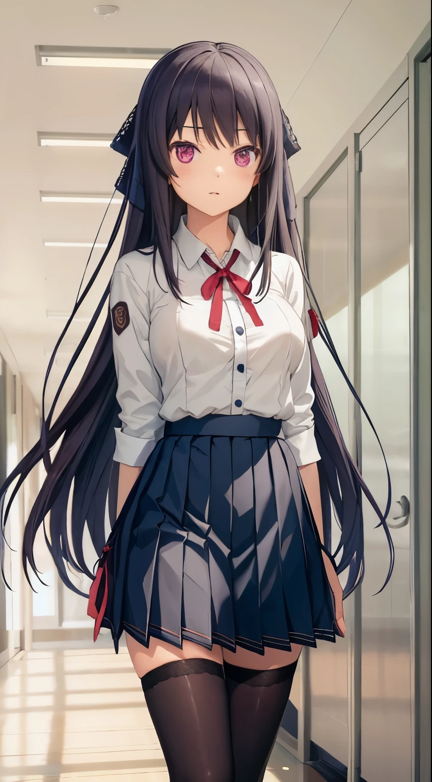 Anime girl in school uniform standing in hallway with long hair - SeaArt AI