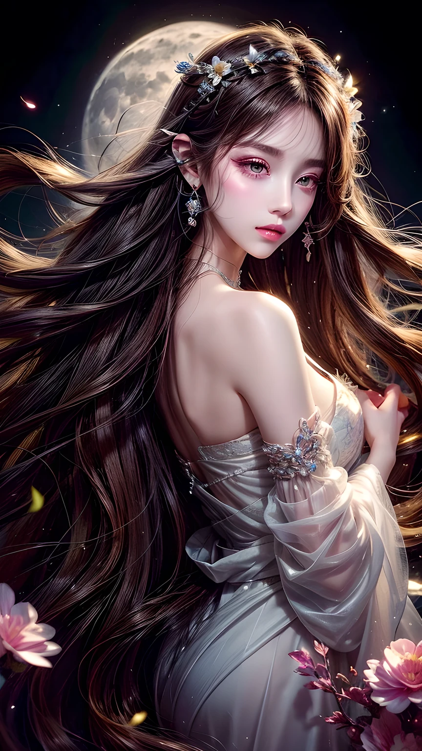 Long flowing brown hair,Fluorescent eyeshadow,Glowing pale eyes,Moon,Demon-free,Plush ears,moonlight,Flowing tulle,Best picture quality,Transparent flowers,Gradient petals,Flower hairpin,Noodles