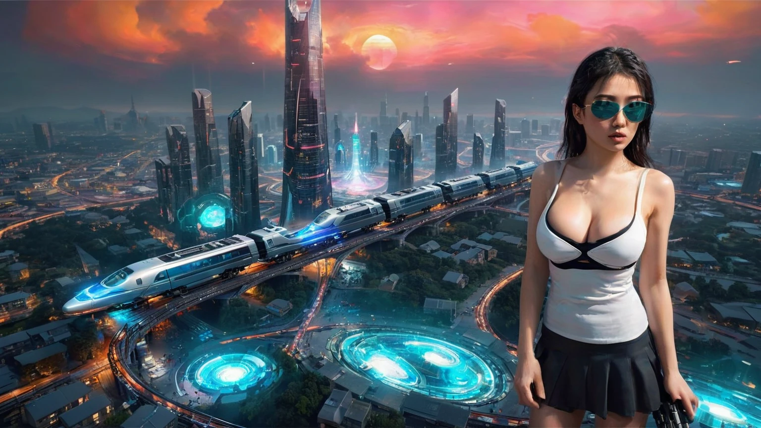 Brightly colored abstract aerial view image of a futuristic railway station with a spiral, a (((((futuristic all-glass train))))) passing by, epic beautiful space sci-fi, chaotic cinematic space rift, Greg Beeple, planets colliding, Beeple and Tim Hildebrandt, Beeple and Jean Giraud, end of the universe, (((((giant abstract sculpture))))), galaxy space sci-fi, ringworld, by Mike "Beeple" Winkelmann. Matrix style, (((((Matrix cascading code))))), (((((a futuristic twin tower skyscraper with a unique twisted design))))), (((((OLED GUI interfaces in the building))))), at night, (((((1girl, solo))))), photo realistic, (((large-breast:1.2 slim body, cleavage:1.4))), (((off broken mini sling-shirt and black sling bra, extreamly short pleated miniskirt exposing panty))), (((((running pose))))), (((((((matrix style black micro sunglasses))))))), ((((((((((aiming with a short gun)))))))))), (((((looking at camera))))), (((very low view))), (((((half-body thigh level medium shot))))), (((cinematic lighting))).