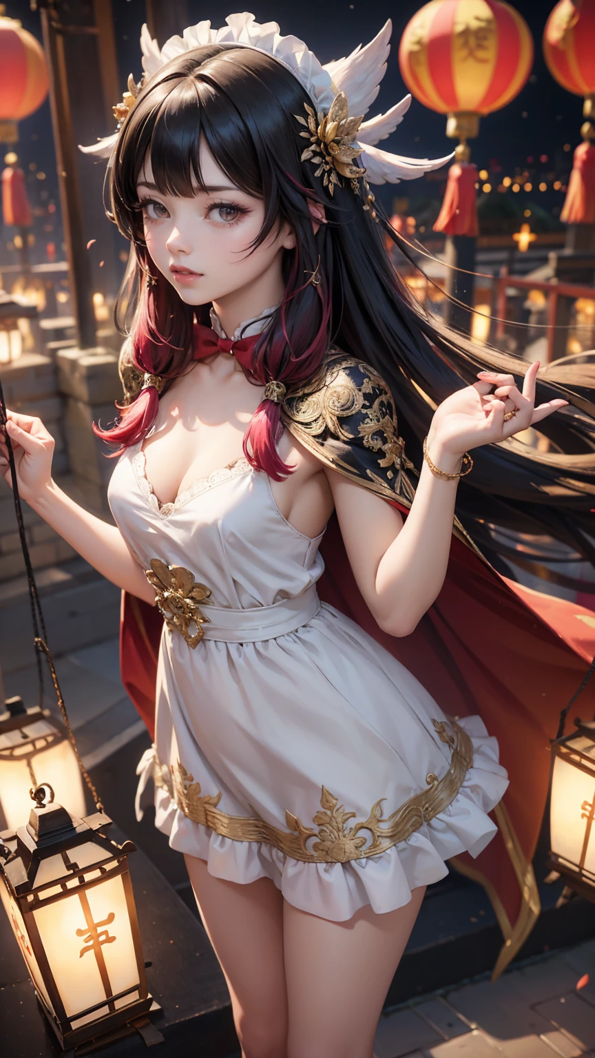 Columbina_(impacto genshin), black hair, pink hair, ornament hair, perfectly body, perfectly hands, long hair, maid, maid dress, maid headdress, maid apron, white apron, holding a lantern, Chinese lantern, shrine scenery, red roses on focus, gold lantern, Chinese style, Chinese maid dress, marsala dress, more details on her clothes, black dress with transparency, golden details, night, smiling, cape, ((4k, masterpiece, top-quality)),8k, best quality, high resolution, HD, (illustration:0.8), super cute girl, delicate and beautiful face, 1girl, solo, mature girl, super cute hairstyle, (beautiful detailed eyes:1.6), extremely detailed face, perfect lighting, extremely detailed CG, (perfect hands, perfect anatomy), Best quality, cleavage, small skirt, full Body,