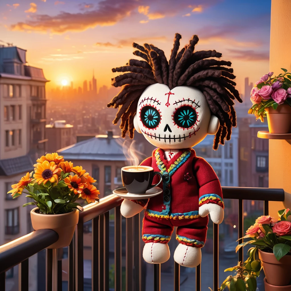 (knitted toy voodoo doll:1.3), (voodoo holding a glass of coffee:1.5), (standing on the balcony in the morning:1.4), (in home clothes:1.2), (sunrise in the background:1.3), (cozy and warm atmosphere:1.4), (soft morning light:1.2), (view of the city skyline:1.2), (potted plants and flowers around:1.2), (calm and peaceful mood:1.3), best quality, masterpiece, detailed soft oil painting, detailed background, dramatic cinematic lighting, soft edge lighting, professional, dramatic lighting, hard edge lighting, ultra quality, 4k, masterpiece, best quality, 8k, ultra high definition, high resolution, extremely detailed