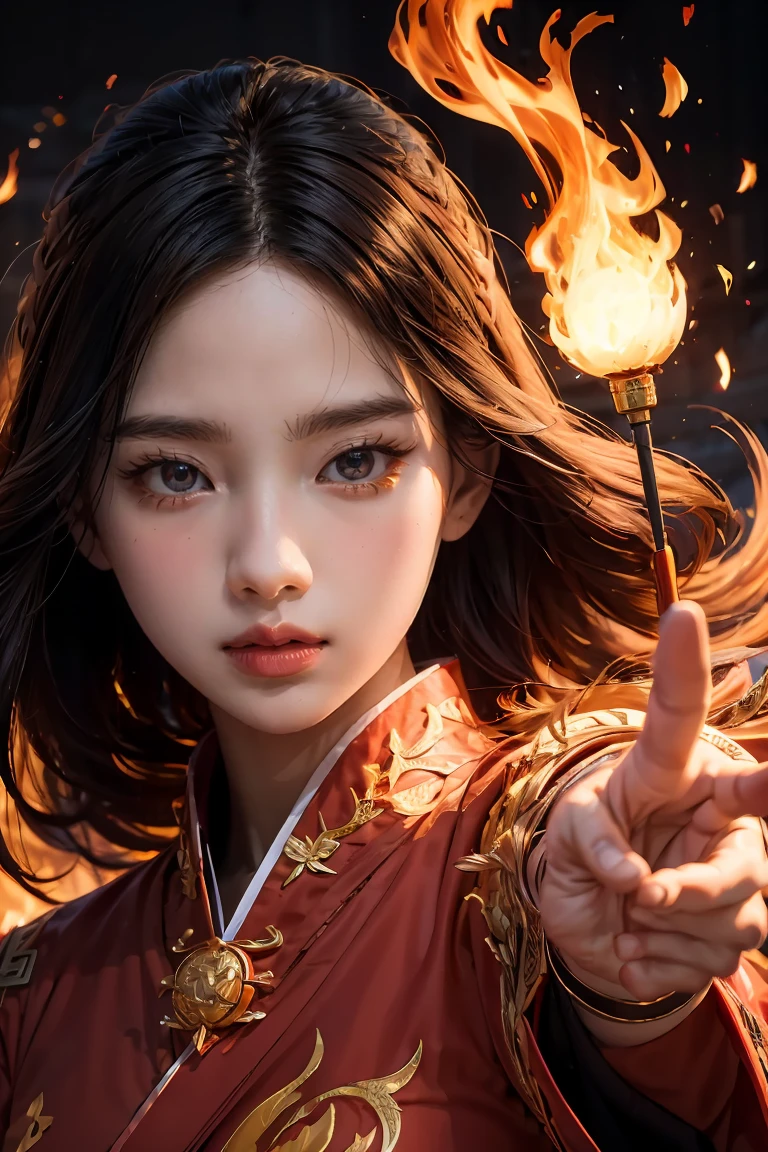 (full body portrait), (close up) ,1 girl，korean girl, 17 years old, Fire mage wearing fiery red clothes（Chinese Hanfu），The robe is embroidered with intricate runes，Decorated with a burning scent。He was tall and strong，Raise your hand，Powerful fire spells are being unleashed, His eyes are firm and sharp，A fire flashed in the flame mage&#39;s eyes，（A huge flaming phoenix spreads its wings and flies：1.2),（Phoenix feathers burn with blazing flames), it sparkles，Its body is surrounded by flame feathers，Dancing，Forming a spectacular flame hexagonal star array pattern，Full of mysterious magic，The whole scene is full of fiery aura and passion for fighting，Large fire spells bloom in the air，A brilliant arc of flames and splashing sparks form，（Fire Mage and Phoenix），Look majestic and mysterious in the raging fire，Like the embodiment of fire and magic，Red hair，high detail，Surrealism，realism，（（Half-length photo）），（real picture：1.4），（chiaroscuro），movie lighting，Realistic special effects，Render by Octane，Ray tracing，panoramic，perspective，textured skin，Ultra-detailed，ultra high definition，masterpiece，anatomically correct，best quality，high resolution，8K