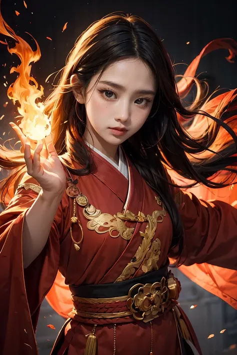 (full body portrait), (close up) ,1 girl，korean girl, 17 years old, fire mage wearing fiery red clothes（chinese hanfu），the robe ...