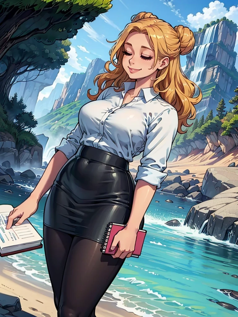 ((art by Kipteitei)), ((Masterpiece, best quality, perfect lighting, amazing shading)), (perfect anatomy, realistic proportions), field of depth, extremely beautiful, 1girl, (blond hair), long wavy hair, hair bun, closed eyes, pencil skirt, dress shirt, black tights, cute smile, ((holding notebook)), legs together, beach background with cliff and waterfall, detailed background, (cowboy shot),