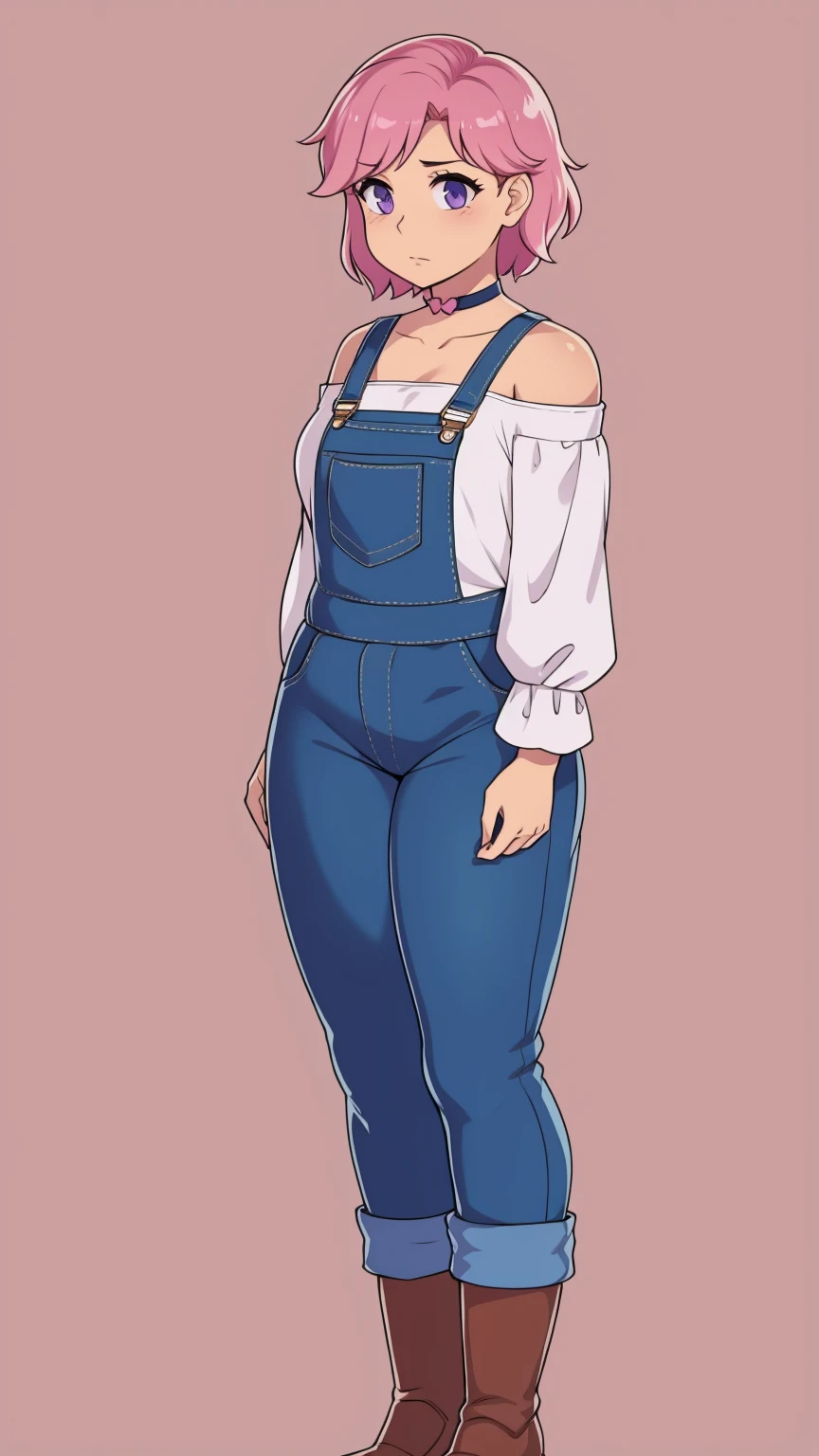 sad, farm backround, Full body, looking at viewer, 1girl, solo, short pink hair, (dark blue choker), (dark blue denim overalls), (purple eyes), (pink boots), (white shoulder lantern sleeve blouse, tucked in pants