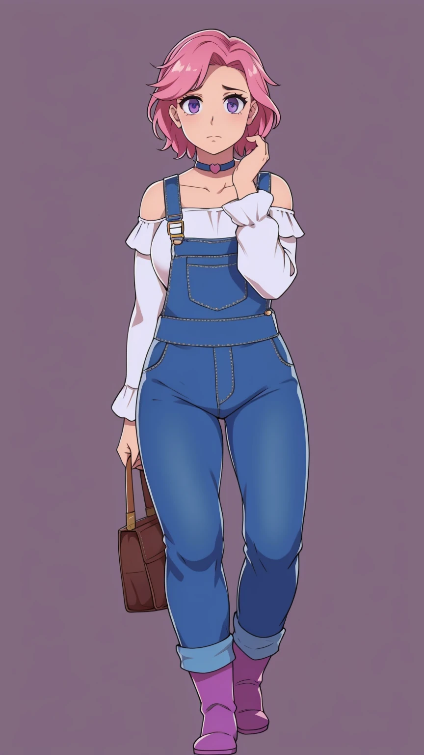 sad, farm backround, Full body, looking at viewer, 1girl, solo, short pink hair, (dark blue choker), (dark blue denim overalls), (purple eyes), (pink boots), (white shoulder lantern sleeve blouse, tucked in pants