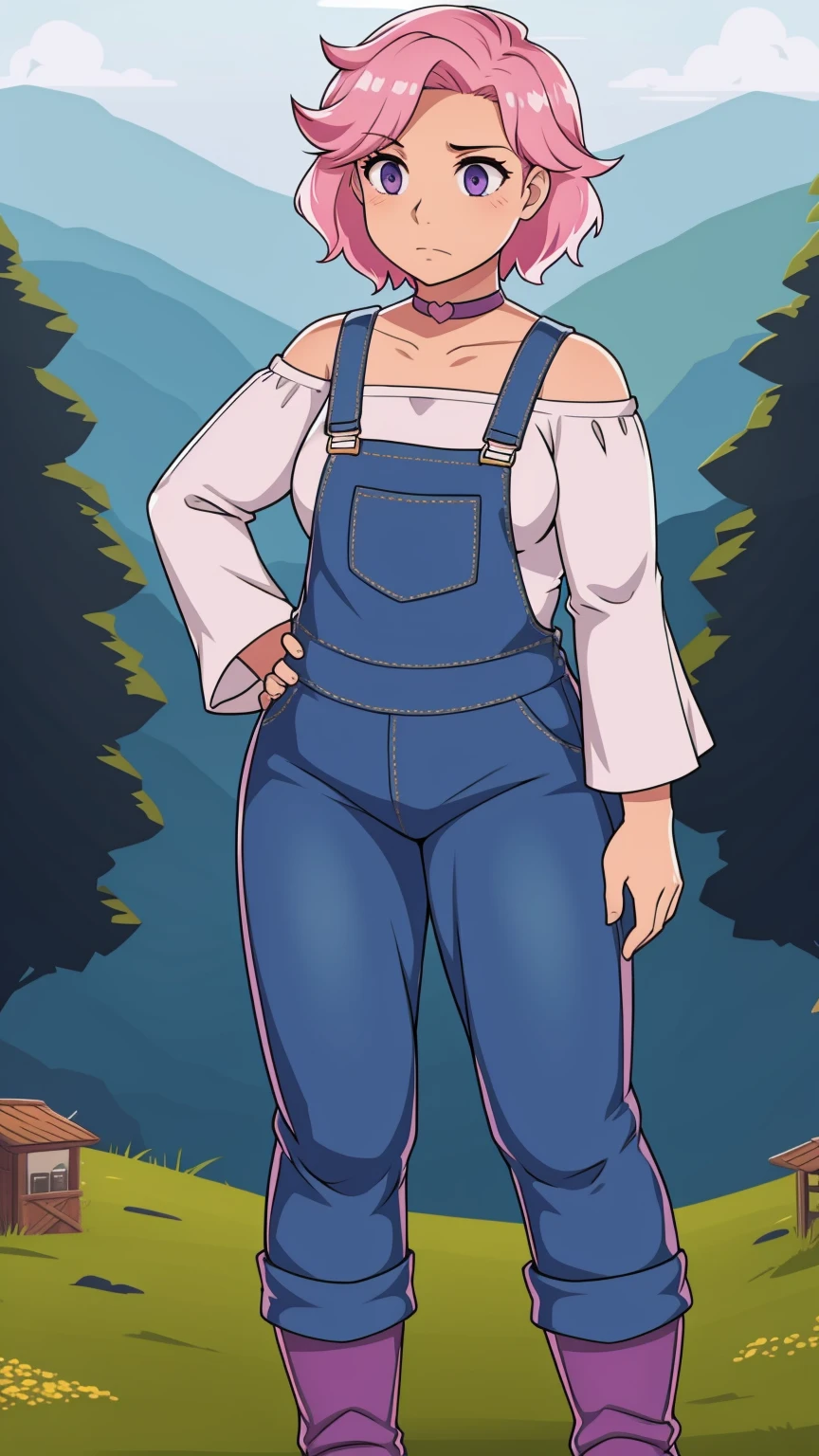 sad, farm backround, Full body, looking at viewer, 1girl, solo, short pink hair, (dark blue choker), (dark blue denim overalls), (purple eyes), (pink boots), (white shoulder lantern sleeve blouse, tucked in pants