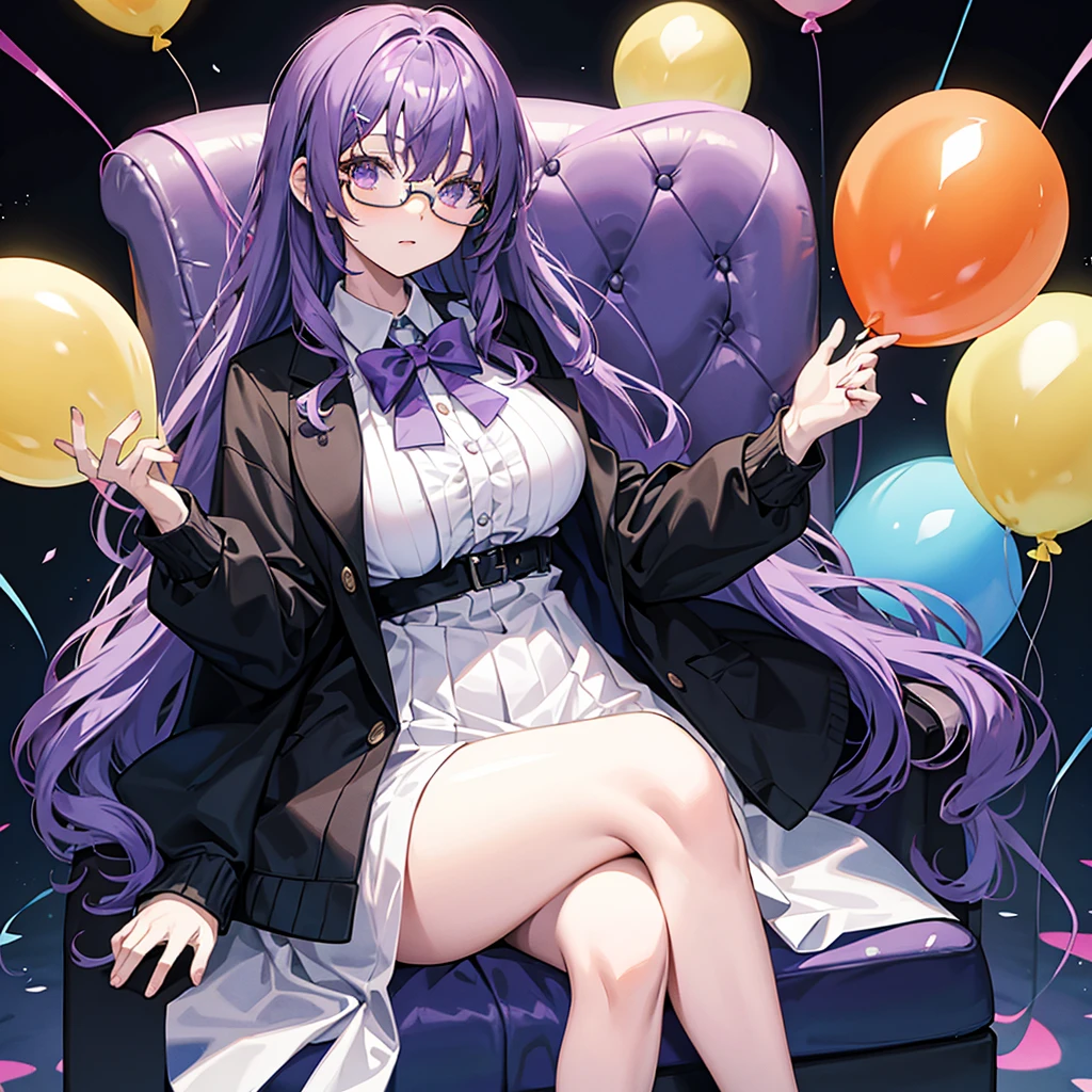 glasses anime girl with curly purple hair sitting on big chair holding a balloon one hand