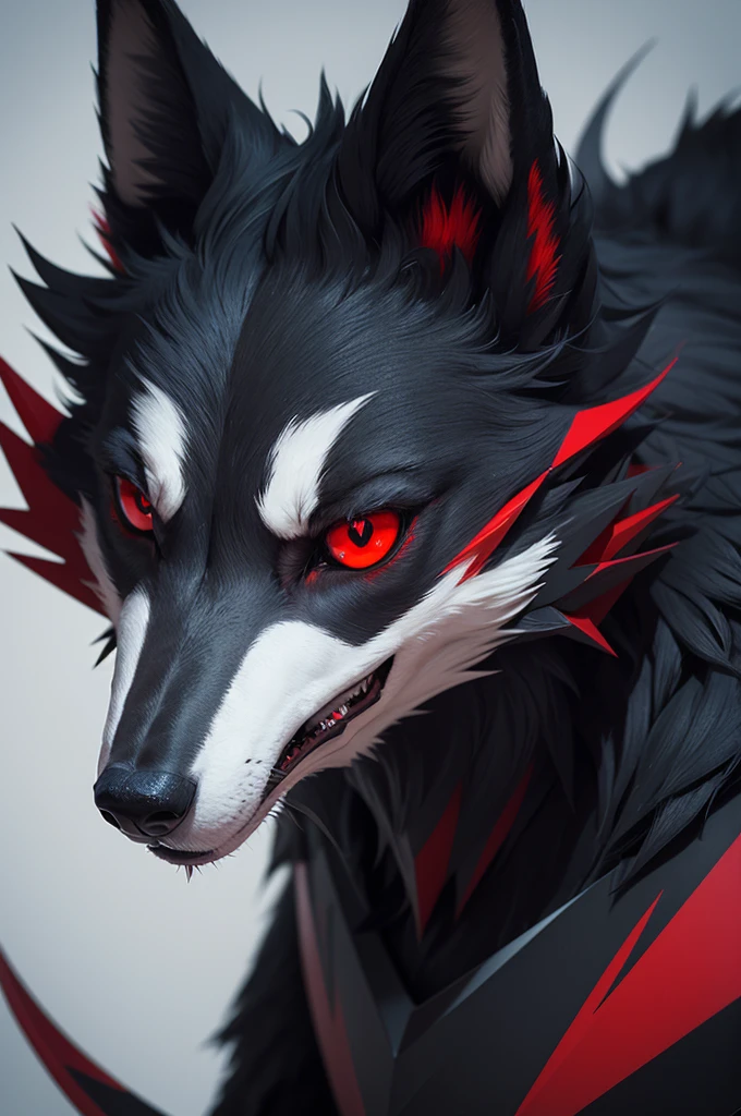 Stylized and fierce wolf with angular features red eyes