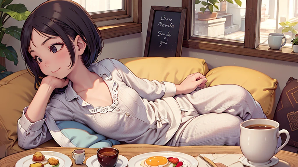 8k, {best quality}, {very aesthetic}, {ultra-detailed}, {best illustration}, Woman in pajamas, An exquisite living room bathed in the morning sun, {breakfast}, Fried eggs on the table, {{{A big smile with eyes closed}}}, Eat happily, comical, Small breasts, emo, Sit on the sofa, {Put your hands together}, Super elaborate face,