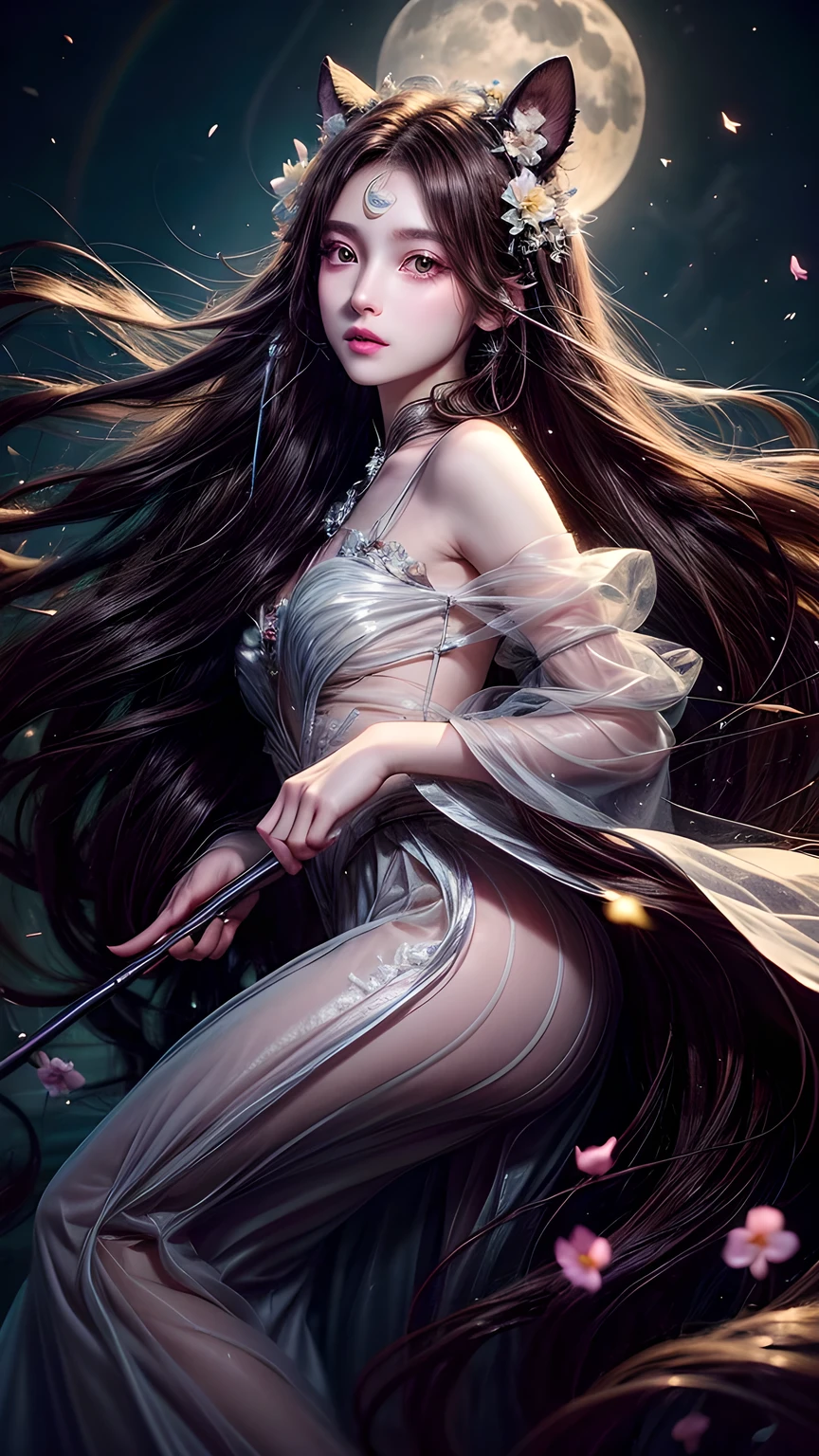 Long flowing brown hair，Fluorescent eyeshadow，Glowing pale eyes，Moon，Demon-free，Plush ears，moonlight，Flowing tulle，Best picture quality，Transparent flowers，Gradient petals，Flower hairpin，Noodles