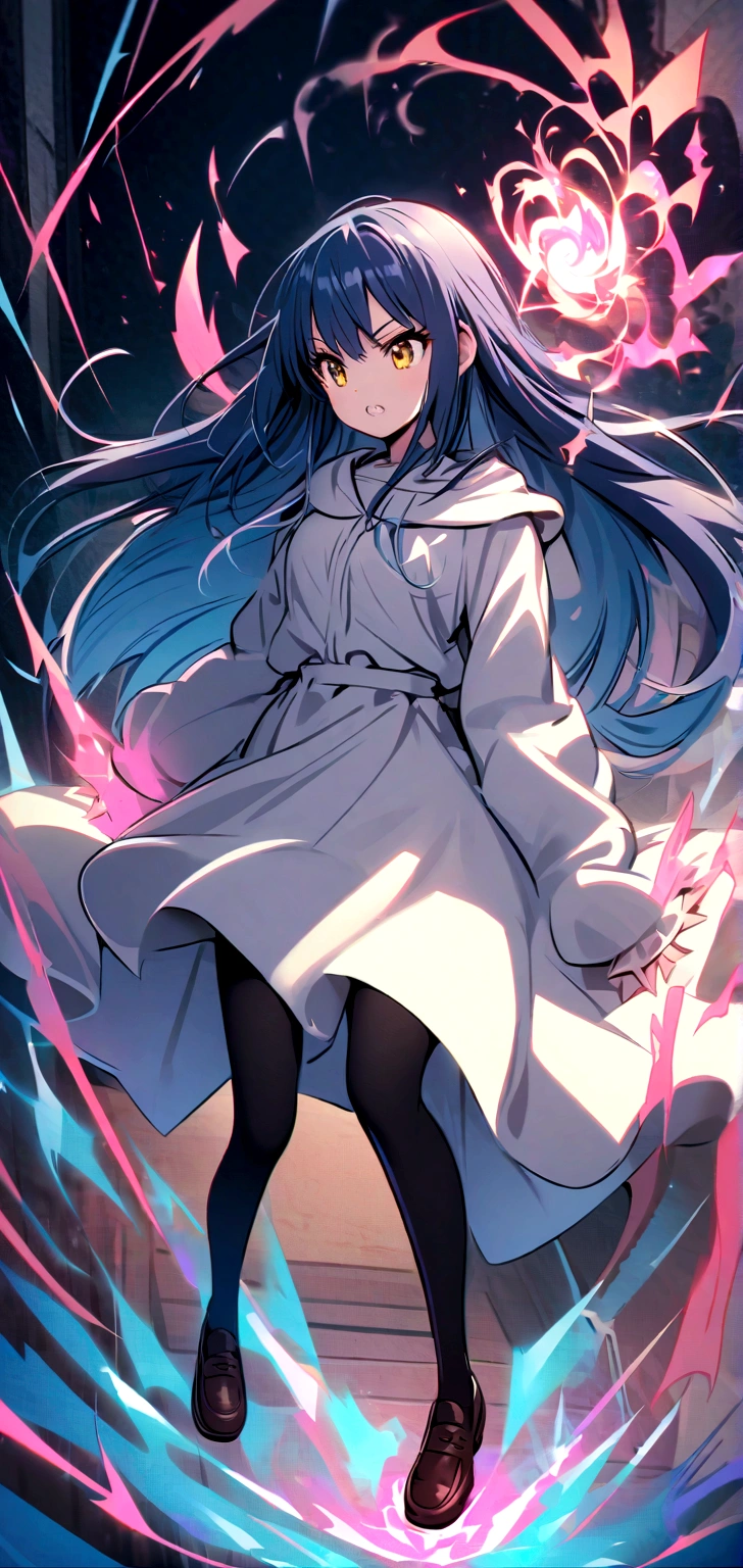 MASHLE,One girl, alone, Navy Blue Hair, Long Hair,Jagged teeth、Beauty、 Yellow Eyes, skirt,Black Pantyhose,White shirt, Sleeves are longer than your fingers, loafers, Robe, Sleeves are longer than the wrist,electric magic