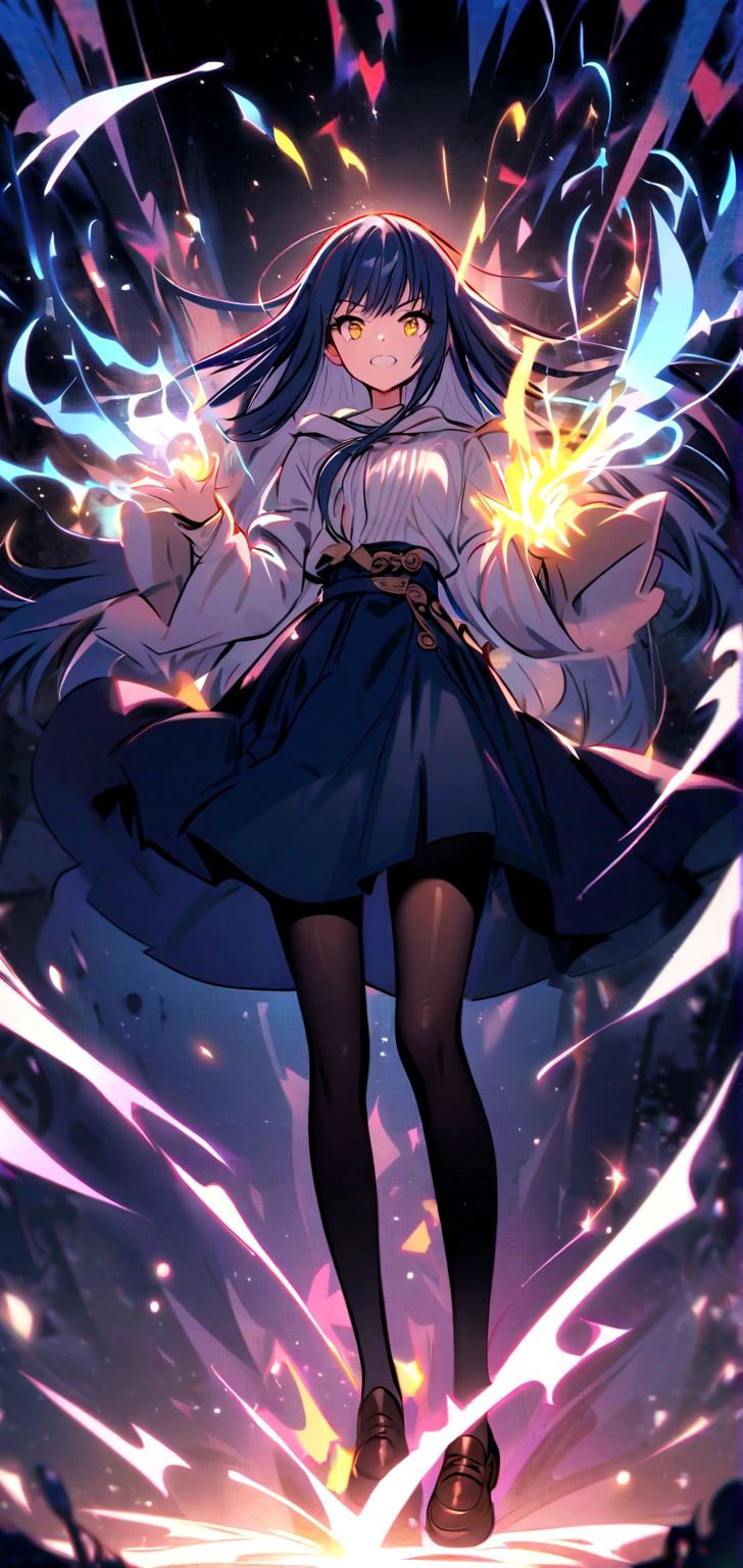 MASHLE,One girl, alone, Navy Blue Hair, Long Hair,Jagged teeth、Beauty、 Yellow Eyes, skirt,Black Pantyhose,White shirt, Sleeves are longer than your fingers, loafers, Robe, Sleeves are longer than the wrist,electric magic