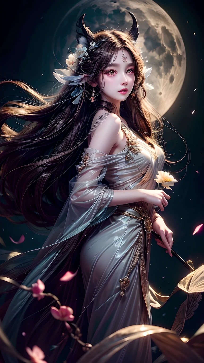 Long flowing brown hair,Fluorescent eyeshadow,Glowing pale eyes,Moon,Demon-free,Plush ears,moonlight,Flowing tulle,Best picture quality,Transparent flowers,Gradient petals,Flower hairpin,Noodles
