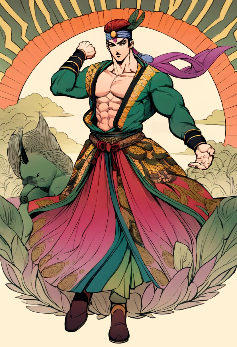 Create an illustration of the classic fairy tale character Momotaro in the style of JoJo's Bizarre Adventure. Momotaro stands in a powerful, dynamic pose, showcasing a muscular and well-defined physique with sharp, angular features and intense, expressive eyes. His hair is styled dramatically, adding to his fierce and stylish appearance.
Momotaro wears an ornate, flamboyant kimono with intricate designs and vibrant colors, reflecting traditional Japanese elements with a modern twist. He also has a bold, red hachimaki (headband) tied around his forehead, adding to his warrior-like appearance. His outfit includes a detailed hakama, enhancing the dynamic and dramatic look typical of JoJo's characters.
By his side are his three loyal companions: a dog, a monkey, and a pheasant. Each animal is designed with unique, exaggerated features, showcasing their distinctive personalities and adding to the surreal and vibrant atmosphere. The dog appears fierce and loyal, the monkey mischievous and agile, and the pheasant elegant and poised.
The background features a surreal, vibrant landscape with dynamic lines and contrasting colors, capturing the intense and extraordinary atmosphere characteristic of JoJo's Bizarre Adventure. The overall scene exudes a sense of action, adventure, and the extraordinary, blending the classic tale of Momotaro with the iconic, stylish flair of JoJo's universe.