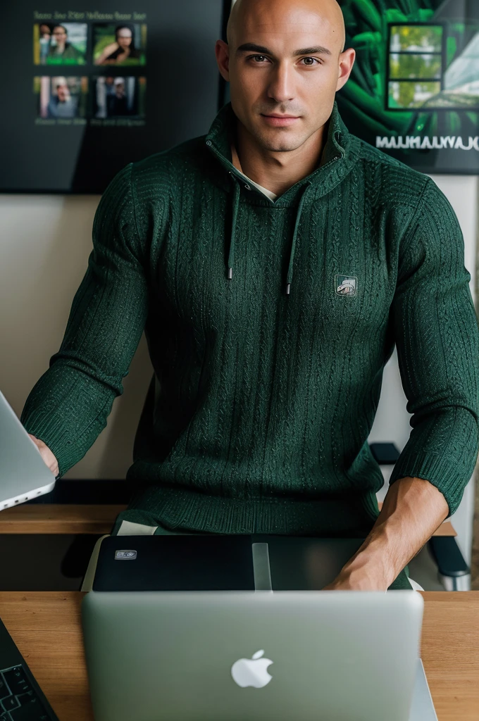 ((8k ((best quality)), ((masterpiece)), (very detailed), real face bald male muscular male full body wear green pullover working on laptop at office
