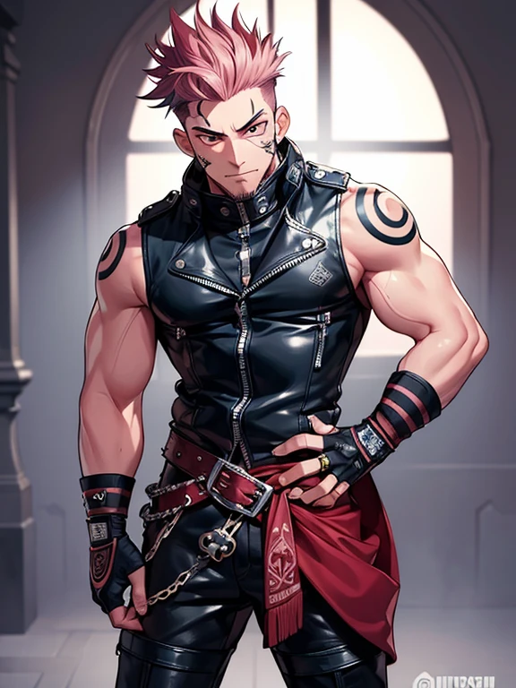 (masterpiece, best quality:1.2), cowboy shot, 1boy, sukuna, leather fingerless gloves, tattoo_on_his_face, manly, full body, biker, pink hair, intricate details, utra detailed, black leather, muscular mature male, eye focus, biker jacket, anatomically correct,
