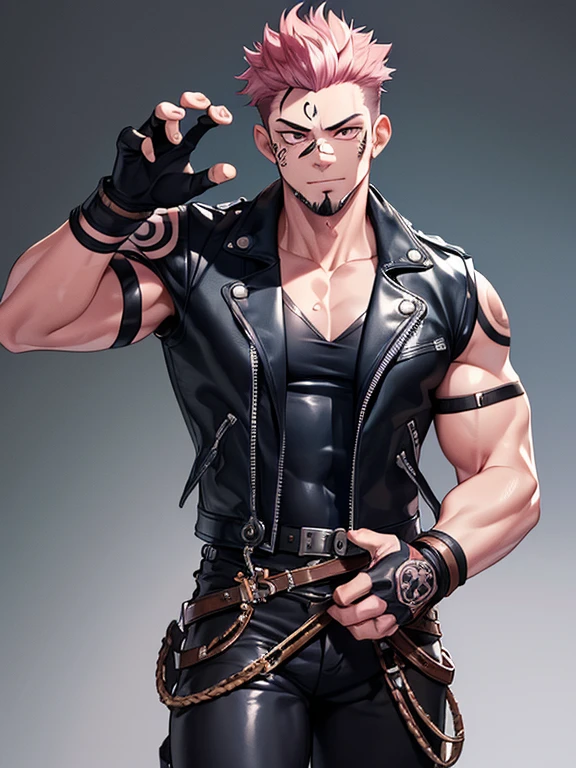 (masterpiece, best quality:1.2), cowboy shot, 1boy, sukuna, leather fingerless gloves, tattoo_on_his_face, manly, full body, biker, pink hair, intricate details, utra detailed, black leather, muscular mature male, eye focus, biker jacket, anatomically correct,