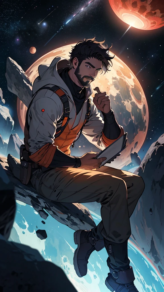 Draw a young programmer, sitting on a research platform floating in the middle of an asteroid belt. He is studying with a notebook, surrounded by several asteroids glowing with fiery auras. Dramatic lighting from distant stars and planets illuminates the scene, casting deep shadows on the suit. The young man looks confident and determined, looking at the vast and mysterious universe with wonder and respect,facial hair, cowboy shot,
