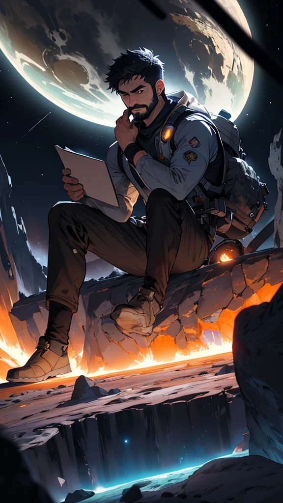 Draw a young programmer, sitting on a research platform floating in the middle of an asteroid belt. He is studying with a notebook, surrounded by several asteroids glowing with fiery auras. Dramatic lighting from distant stars and planets illuminates the scene, casting deep shadows on the suit. The young man looks confident and determined, looking at the vast and mysterious universe with wonder and respect,facial hair, cowboy shot,