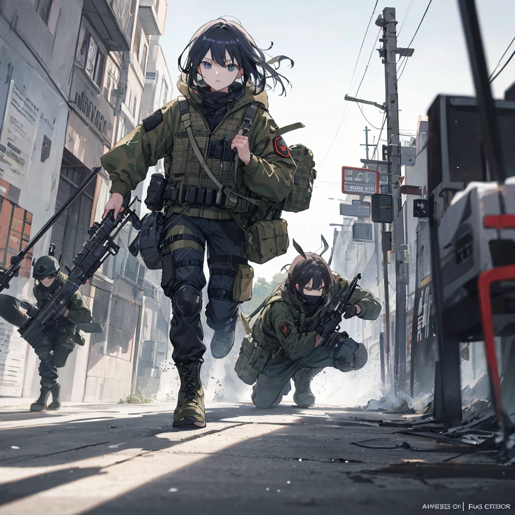 An incredible soldier winning a duel, Black tactical clothing, equipamento militar, olhar de vencedor e mal, duel champion, ao fundo o oponente derrotado, war scene on the way back, imagem ultra detalhada, anime graphic