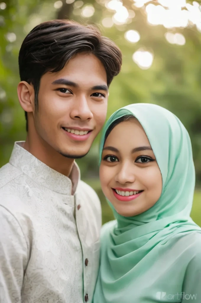 a man and woman in hijab pose for a picture, malaysian, muslim, happy couple, smiling couple, lovely couple, couple, portrait shot, south east asian with round face, islamic, shutterstock, asian human, attractive girl, south east asian with long, couple portrait, mid shot portrait, romantic couple, beginner, handsome face and beautiful face, couples portrait
