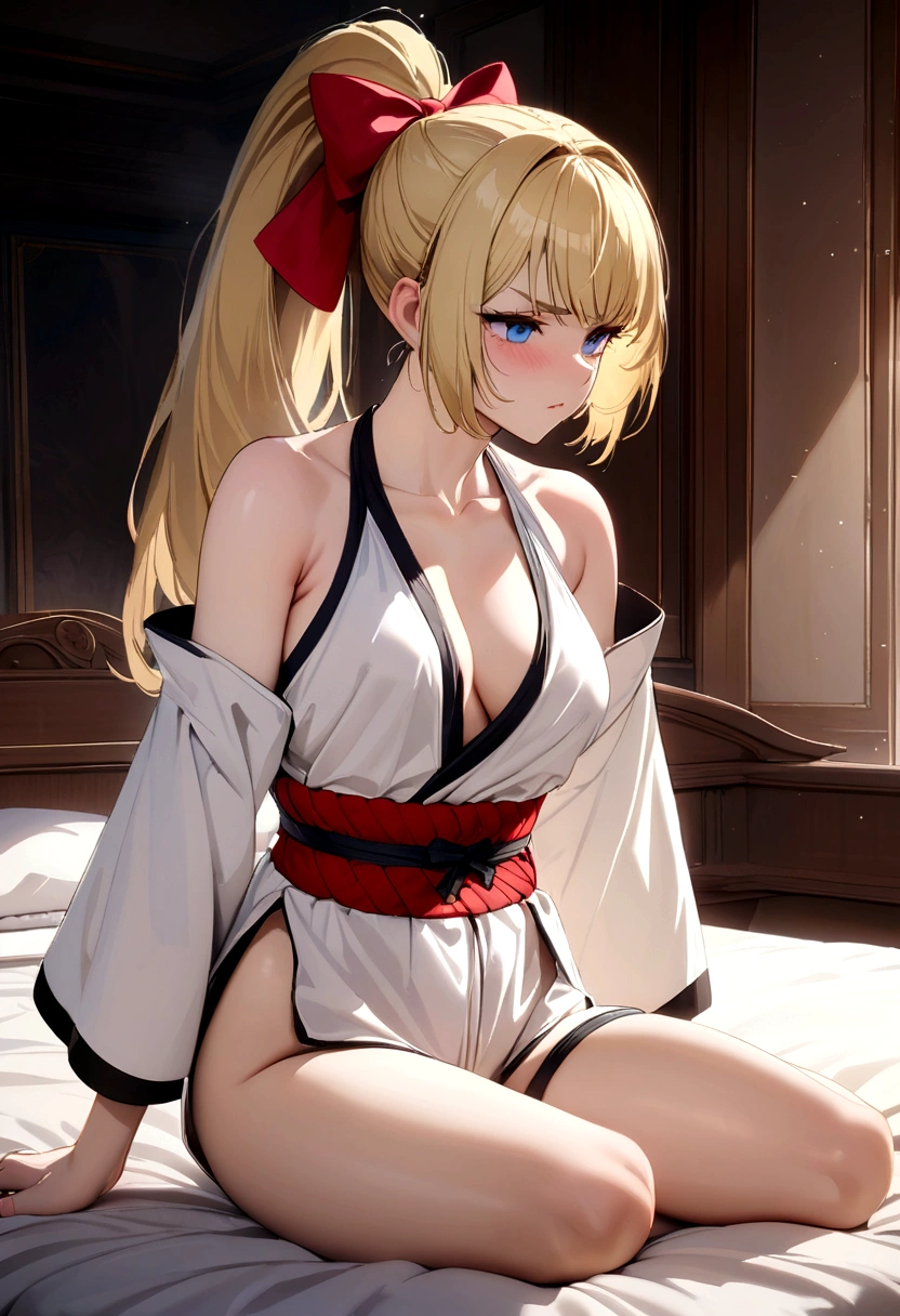 masterpiece, ultra high quality CG, best quality, perfect picture, solo, lidia sobieska (tekken, blonde hair with high ponytail, blue eyes, red hairbow, strong), wearing a sexy karate outfit, sitting on the bed, looking sideways, blushing, shoulders showing, in a European mansion