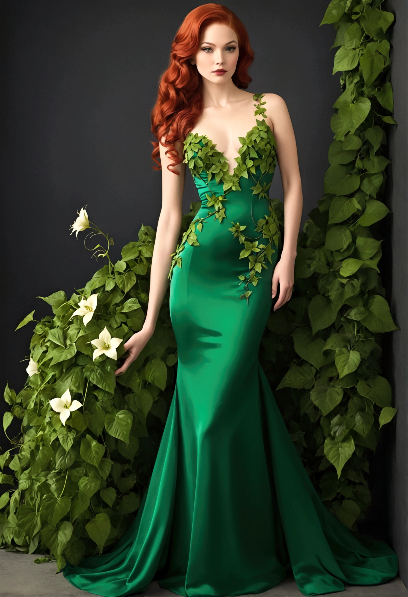 Poison Ivy (long green evening dress, over exposed, safe for work), stealing all the attention, formal affair, lots of flowers