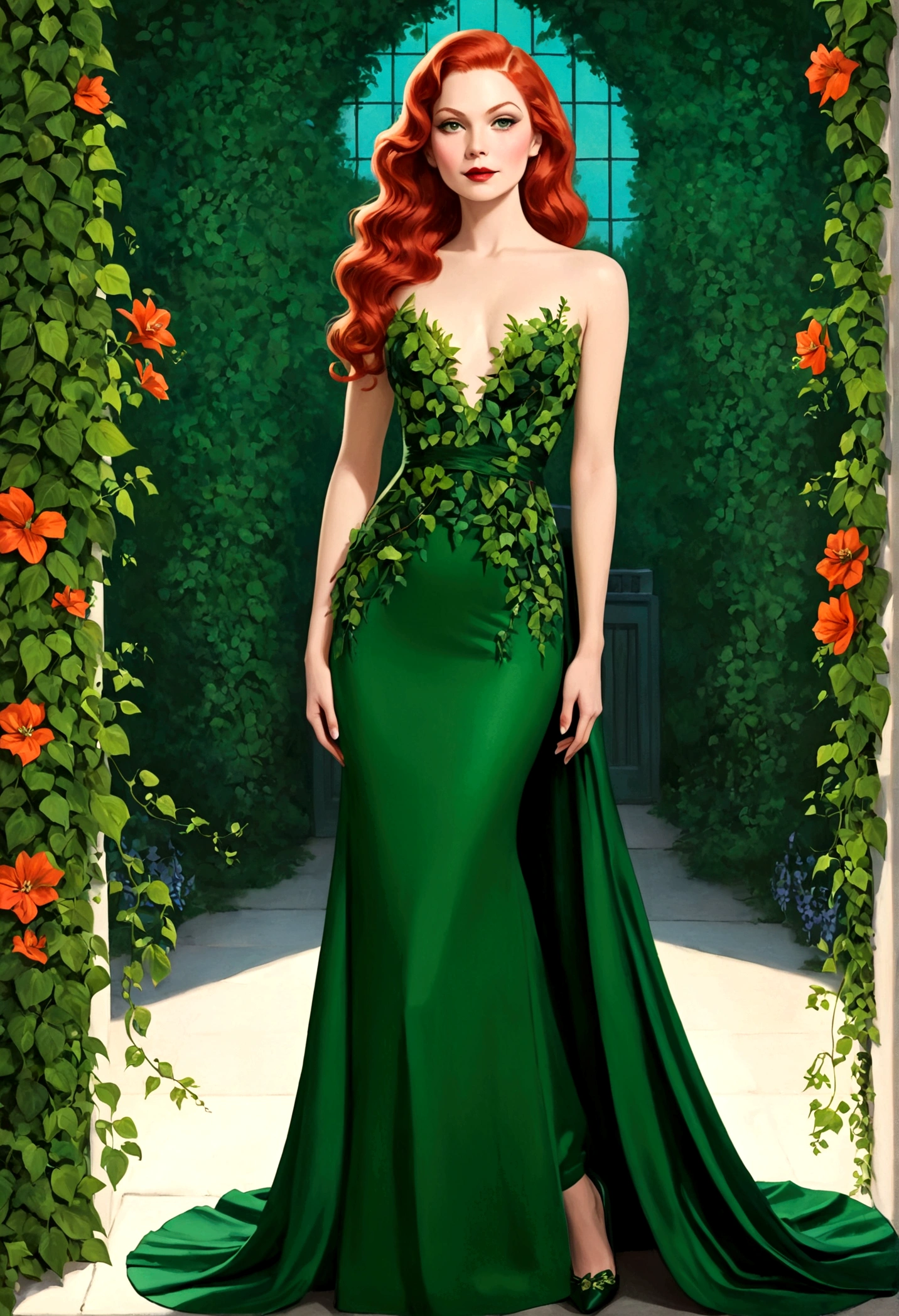 Poison Ivy (long green evening dress, over exposed, safe for work), stealing all the attention, formal affair, lots of flowers