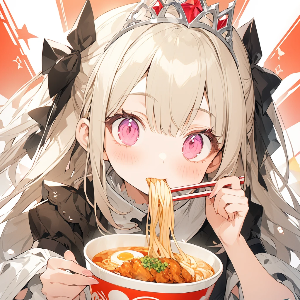 A with a princess tiara slurping ramen. Fried chicken is delicious.