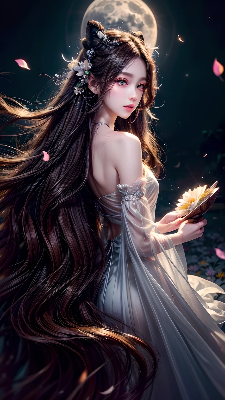 Long flowing brown hair,Fluorescent eyeshadow,Glowing pale eyes,Moon,Demon-free,Plush ears,moonlight,Flowing tulle,Best picture quality,Transparent flowers,Gradient petals,Flower hairpin,Noodles