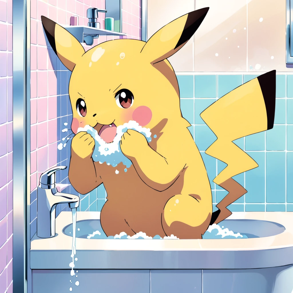 Cute Pikachu washing his face in the bathroom、pastel colour