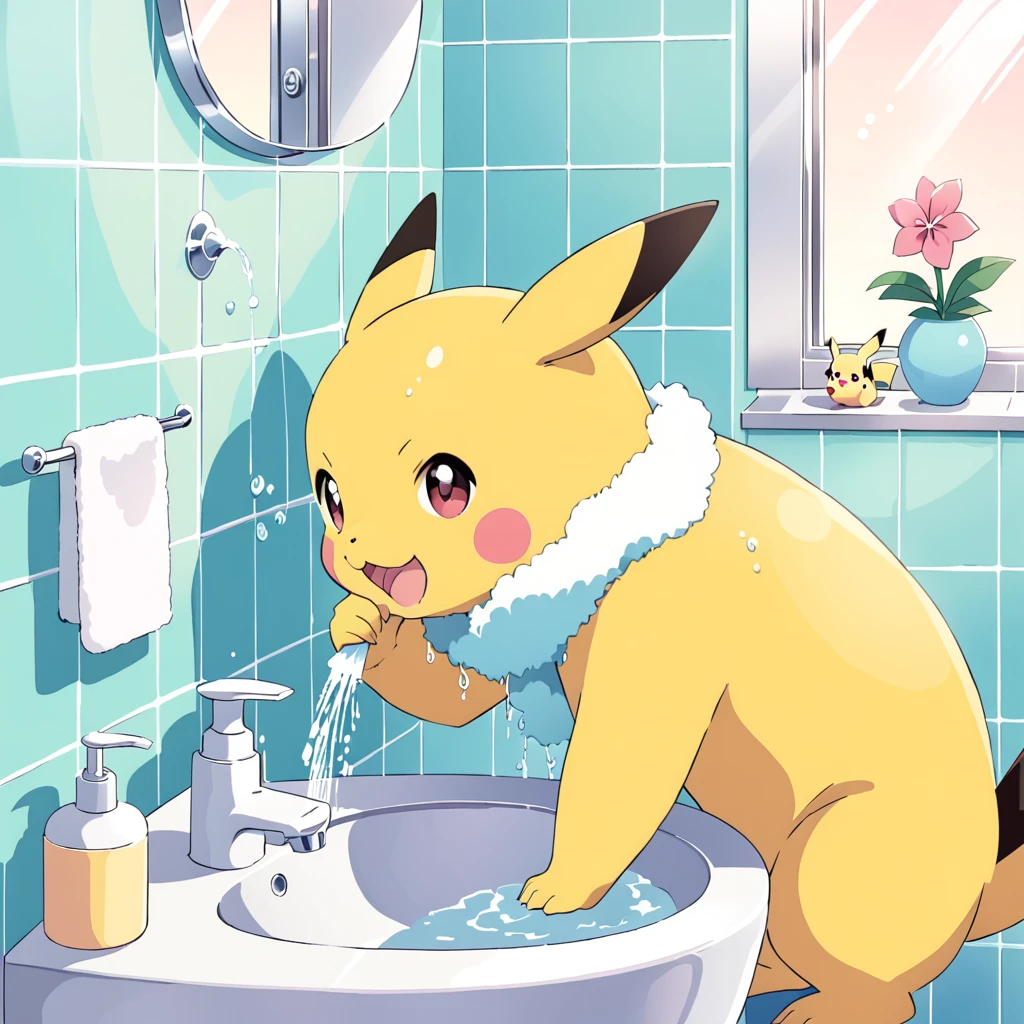 Cute Pikachu washing his face in the bathroom、pastel colour