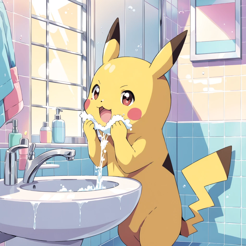 Cute Pikachu washing his face in the bathroom、pastel colour