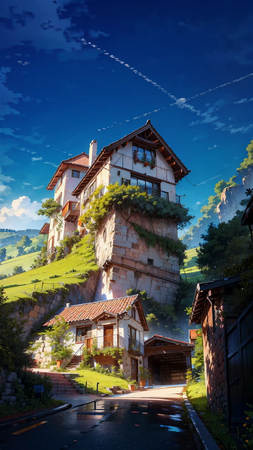 beautiful tree, a house , dynamic sky, beautiful hills. a car