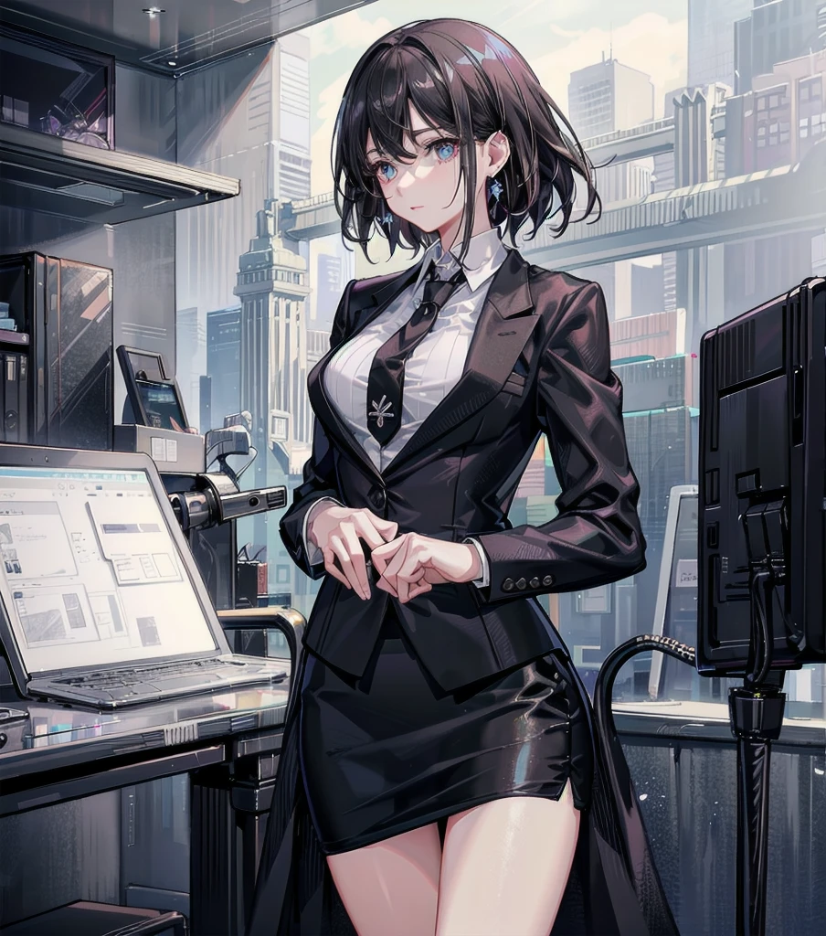 RAW photo, extremely delicate and beautiful, masterpiece, Best Quality, ultra high resolution, 16k, photorealistic, ultra detailed description, pale skin, in her 20s, whole body, medium tits, medium hair, black hair, tearful mole, earring, business suit, pencil skirt, blazer, dress shirt, tie,