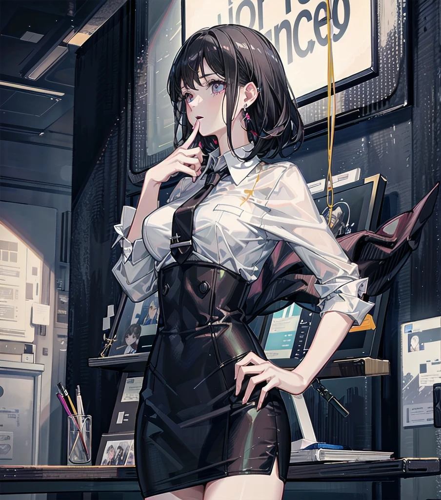 RAW photo, extremely delicate and beautiful, masterpiece, Best Quality, ultra high resolution, 16k, photorealistic, ultra detailed description, pale skin, in her 20s, whole body, medium tits, medium hair, black hair, tearful mole, earring, business suit, pencil skirt, blazer, dress shirt, tie,