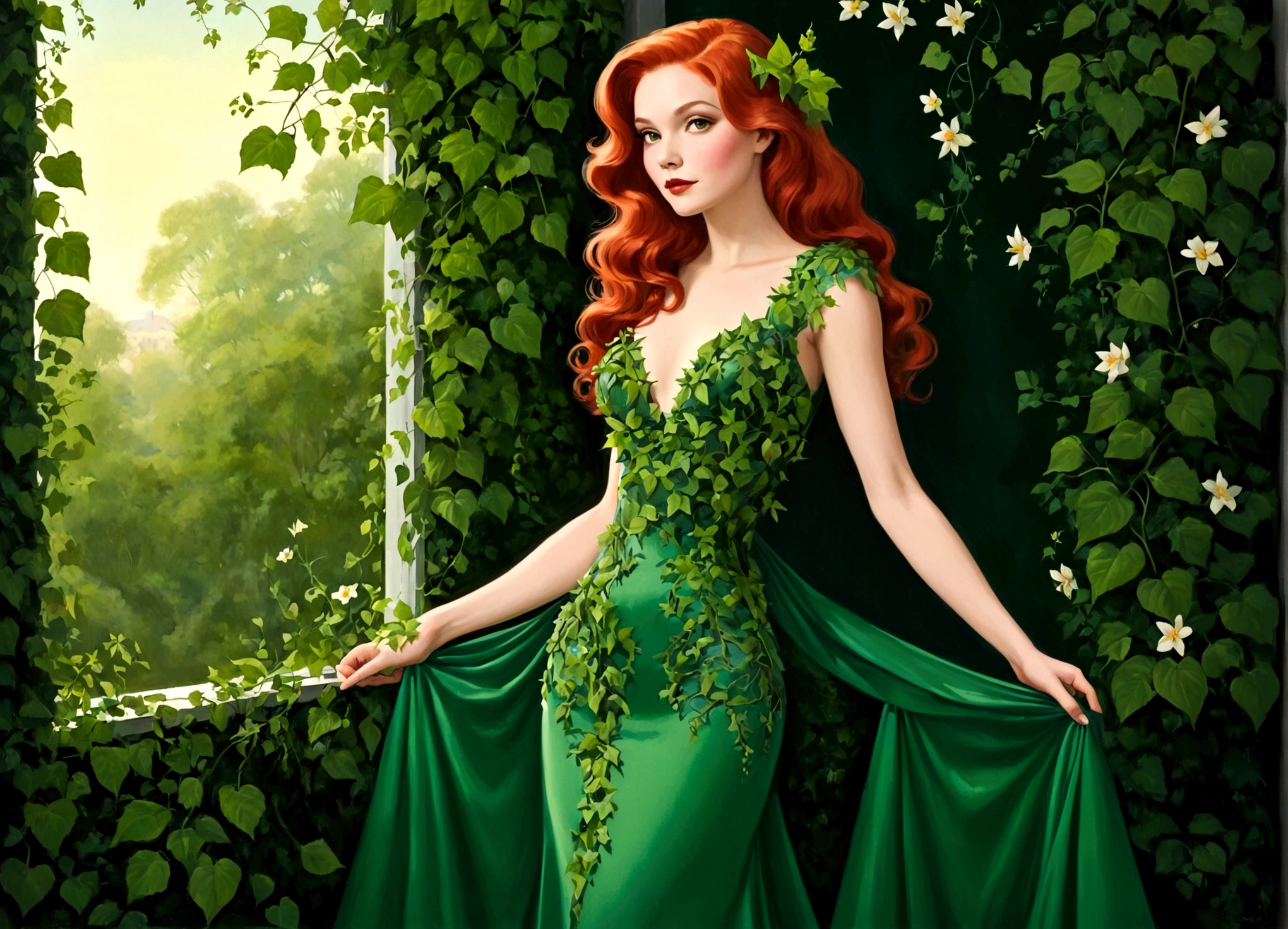 Poison Ivy (long green evening dress, over exposed, safe for work), stealing all the attention, formal affair, lots of flowers
