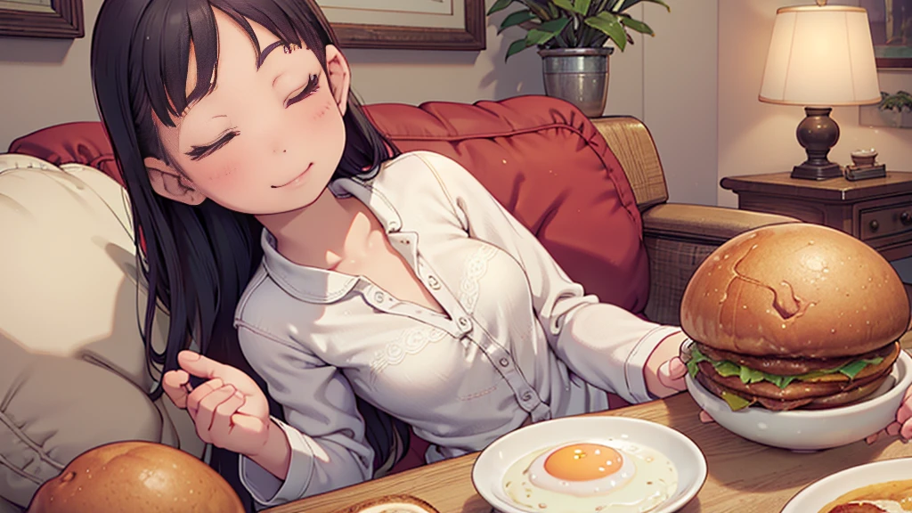 {{{A big smile with eyes closed}}}, 8k, {best quality}, {very aesthetic}, {ultra-detailed}, {best illustration}, Woman in pajamas, An exquisite living room bathed in the morning sun, {breakfast}, Fried eggs on the table, Eat happily, comical, Small breasts, emo, Sit on the sofa, {Put your hands together}, Super elaborate face,