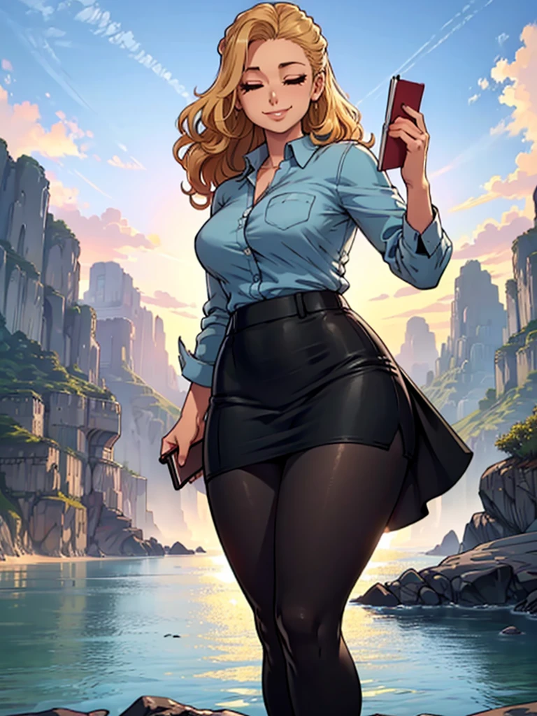 ((art by Kipteitei)), ((Masterpiece, best quality, perfect lighting, amazing shading)), (perfect anatomy, realistic proportions), field of depth, extremely beautiful, 1girl, (blond hair), long wavy hair, hair bun, closed eyes, pencil skirt, dress shirt, black tights, cute smile, ((holding notebook)), legs together, beach background with cliff and waterfall, detailed background, (cowboy shot), (((interesting pose)))