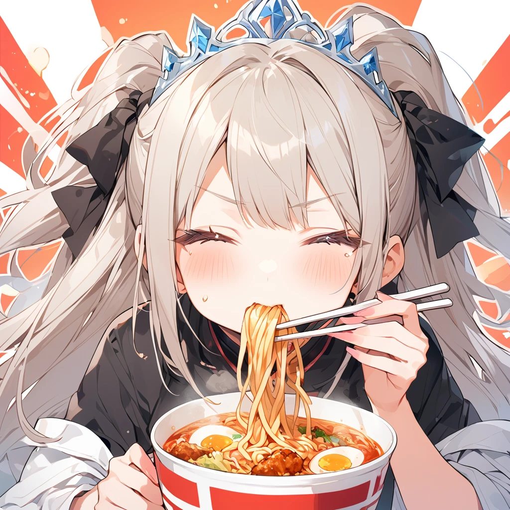 A with a princess tiara slurping ramen. Fried chicken is delicious.